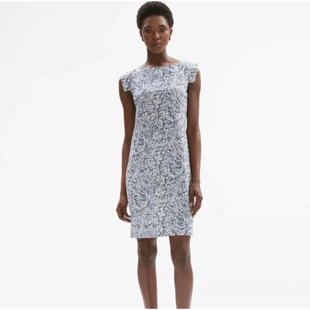 MM.LaFleur Sheath Dress Womens S Blue Excellent Marbled Cap Sleeve Boat Neck